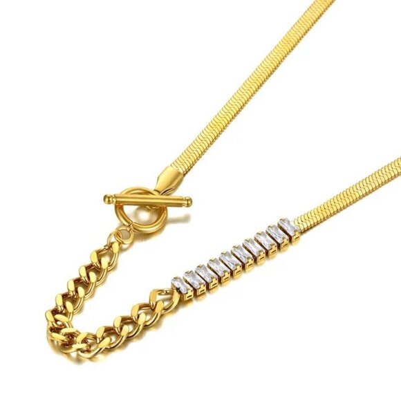 NWT 18K Gold Plated CZ Links Herringbone Chain Necklace Toggle Clasp - Picture 3 of 10